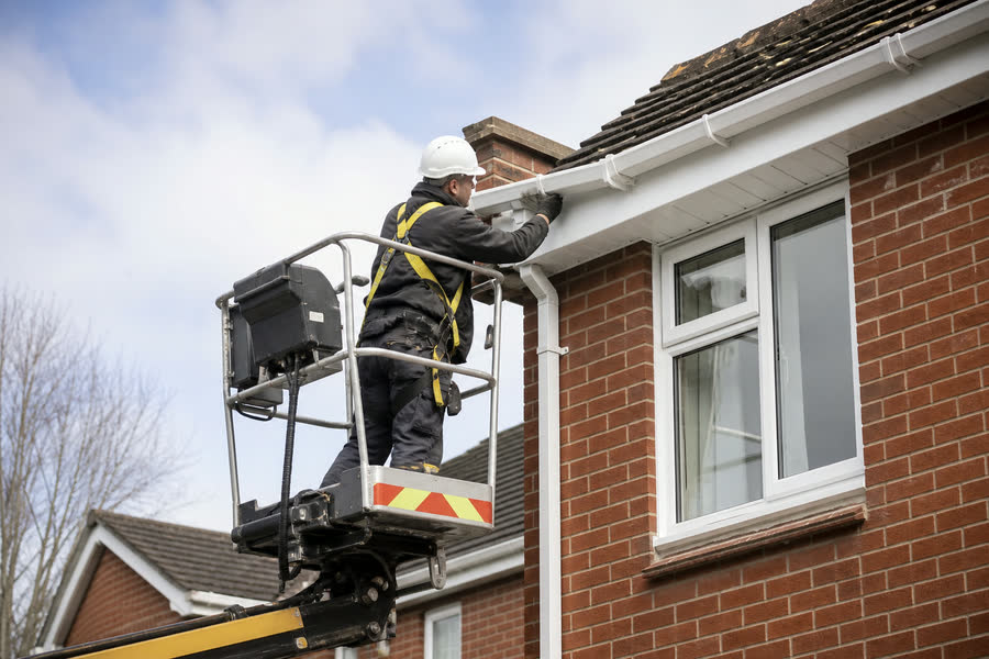 Operative repairing guttering and fascia from a cherry picker