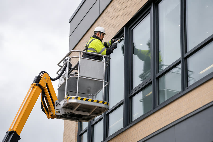 Operative repairing an upper-storey window from powered access equipment